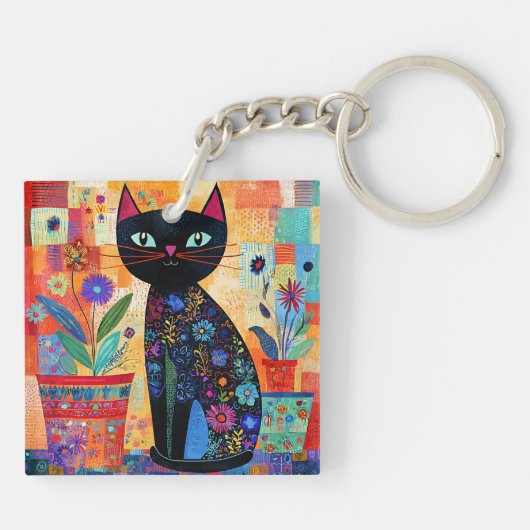 Zwarte Kat Volkskunst Sleutelhanger (Achterkant)