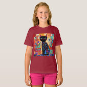 Zwarte Kat Volkskunst T-shirt (Voorkant volledig)