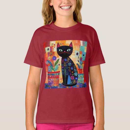Zwarte Kat Volkskunst T-shirt (Voorkant)
