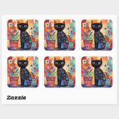 Zwarte Kat Volkskunst Vierkante Sticker (Vel)