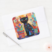 Zwarte Kat Volkskunst Vierkante Sticker (Envelop)