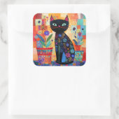 Zwarte Kat Volkskunst Vierkante Sticker (Tas)