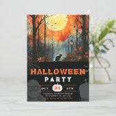 Zwarte kat Volle Maan Bos Zwart Halloween Kaart (Staand voorkant)