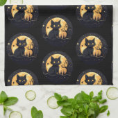 Zwarte kat Volle Maan Celestial Zwart Halloween Theedoek (Gevouwen)