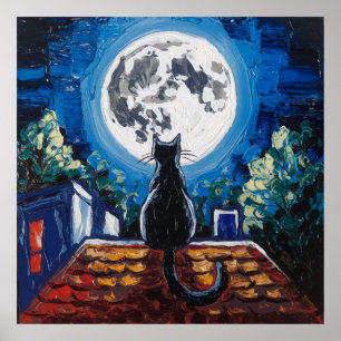 Zwarte Kat Volle Maan Dak Poster