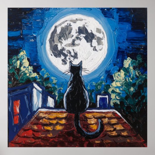 Zwarte Kat Volle Maan Dak Poster (Voorkant)