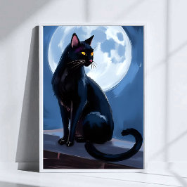 Zwarte Kat | Volle Maan Huisdier Schilderen Aquare Poster