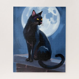 Zwarte Kat Volle Maan Huisdier Schilderen Legpuzzel