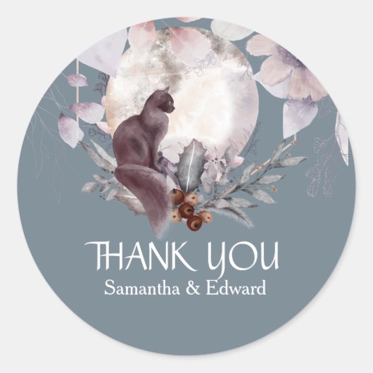 Zwarte kat volle maan schemerig blauw bloemendank  ronde sticker (Voorkant)