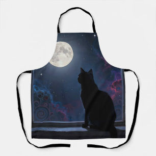 Zwarte Kat Volle Maan Sterrenstelsel Raam Scene Schort