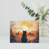 Zwarte kat Volle Maan Verlaat Land Halloween Feestdagenkaart (Staand voorkant)