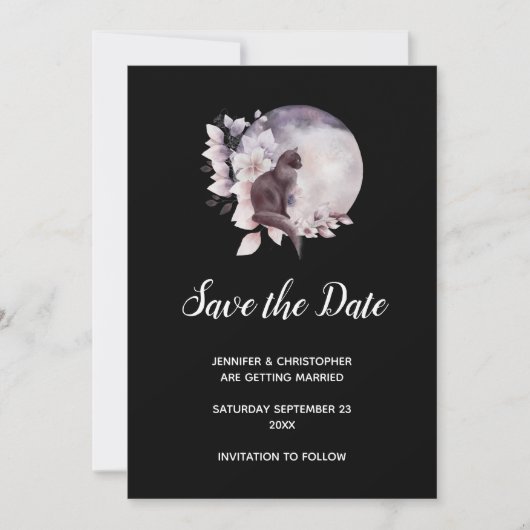 Zwarte Kat voor een Magical Full Moon Wedding Save The Date (Voorkant)