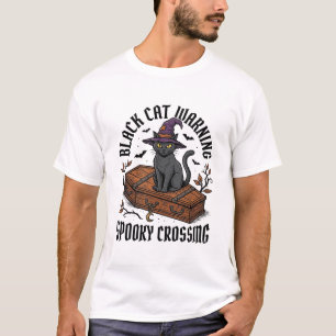 Zwarte Kat Waarschuwing Vintage Halloween Heks Kat T-shirt