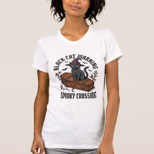 Zwarte Kat Waarschuwing Vintage Halloween Heks Kat T-shirt