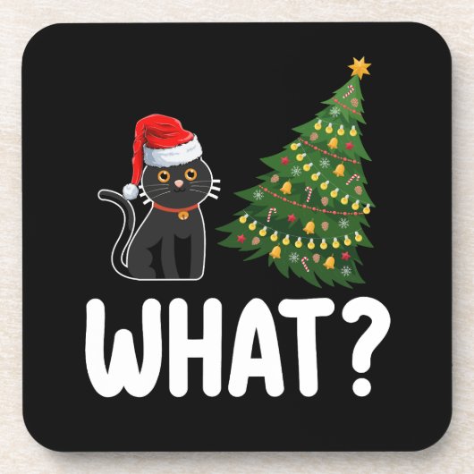 Zwarte kat wat duwen kerstboom grappig bier onderzetter (Voorkant)