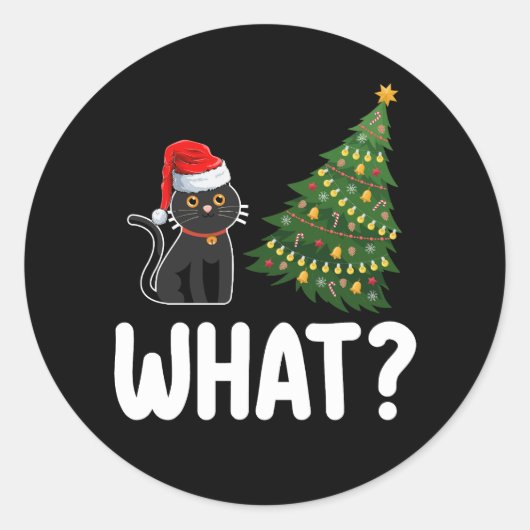 Zwarte kat wat duwen kerstboom grappig ronde sticker (Voorkant)