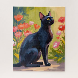 Zwarte Kat   Waterverf Bloemen Geschilderde Katten Legpuzzel
