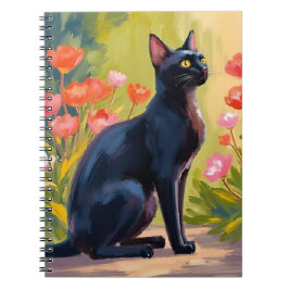 Zwarte Kat | Waterverf Bloemen Geschilderde Kitten Notitieboek