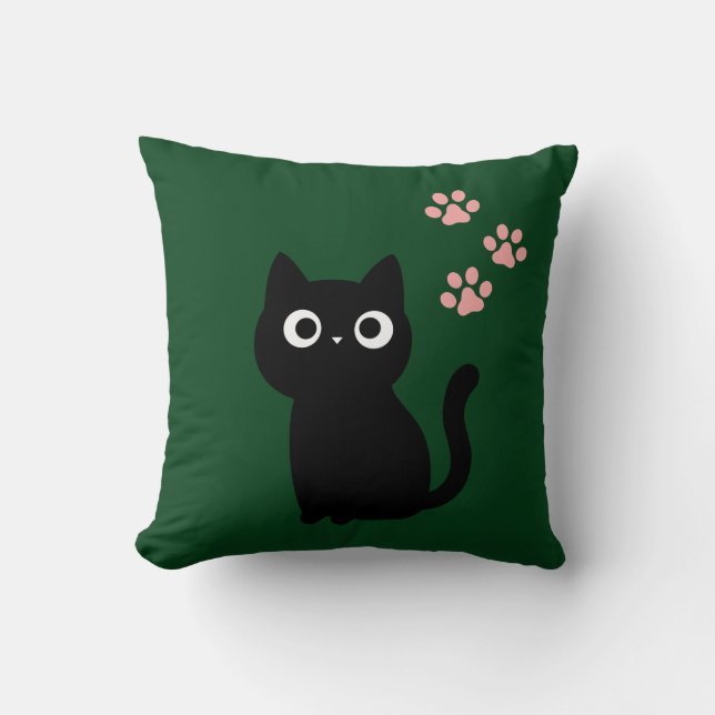Zwarte kat-werpkussen met cute design | Donkergroe Kussen (Voorkant)