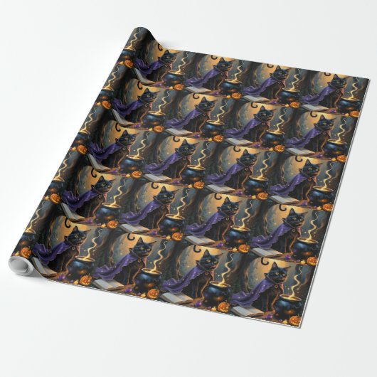 Zwarte Kat Whimsical Halloween Schilderij Cadeaupapier (Uitgerold)