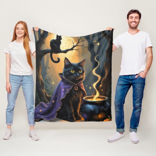 Zwarte Kat Whimsical Halloween Schilderij Fleece Deken (In situ)