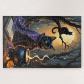 Zwarte Kat Whimsical Halloween Schilderij Legpuzzel (Horizontaal)