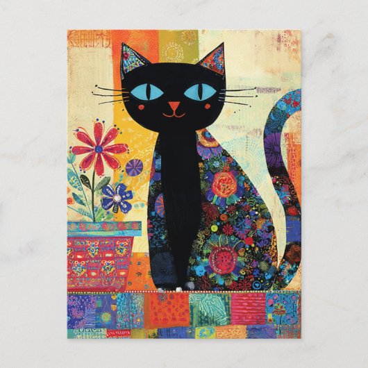 Zwarte Kat Whimsical Kunstwerk Briefkaart (Voorkant)