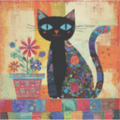 Zwarte Kat Whimsical Kunstwerk Sticker (Voorkant)
