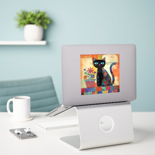 Zwarte Kat Whimsical Kunstwerk Sticker (Laptop op bureau)