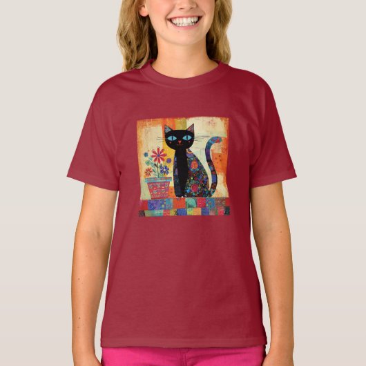 Zwarte Kat Whimsical Kunstwerk T-shirt (Voorkant)