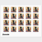 Zwarte Kat Whimsical Kunstwerk Vierkante Sticker (Vel)