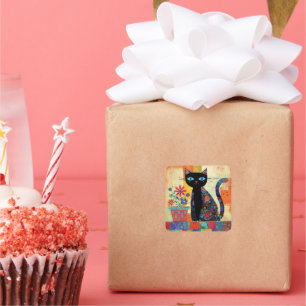 Zwarte Kat Whimsical Kunstwerk Vierkante Sticker