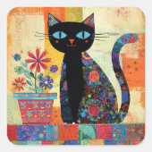 Zwarte Kat Whimsical Kunstwerk Vierkante Sticker (Voorkant)