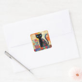 Zwarte Kat Whimsical Kunstwerk Vierkante Sticker (Envelop)