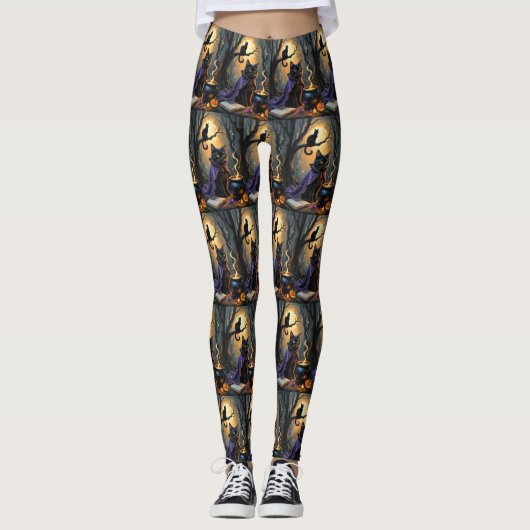 Zwarte Kat Whimsy Halloween Schilderij Leggings (Voorkant)