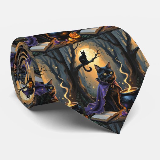 Zwarte Kat Whimsy Halloween Schilderij Stropdas (Opgerold)