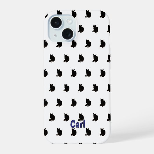 Zwarte kat (wit) iPhone 15 case (Achterkant)