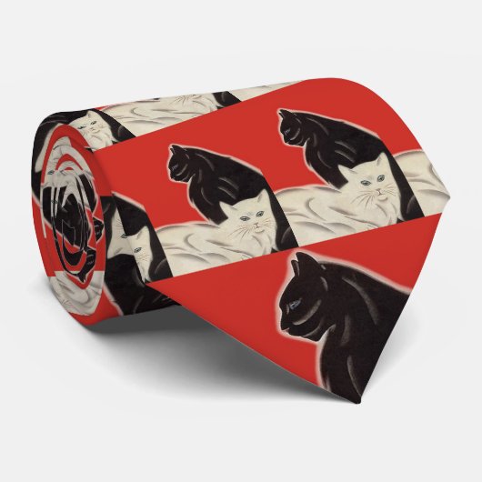 ZWARTE KAT ~ WIT KAT OP RODE STROPDAS! STROPDAS (Opgerold)