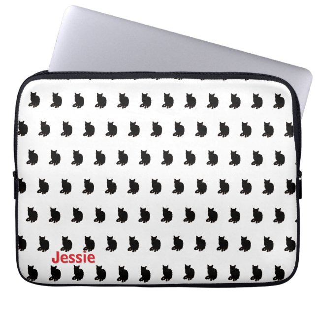 Zwarte kat (wit) laptop sleeve (Voorkant)