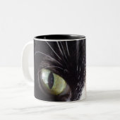 Zwarte kat, witte whiskers, groene ogen tweekleurige koffiemok (Voorkant links)