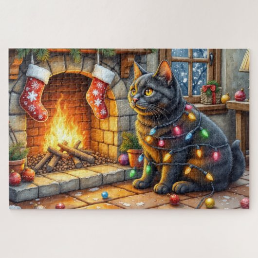 Zwarte Kat Zit Bij Open Haard met Kerstverlichting Legpuzzel (Horizontaal)