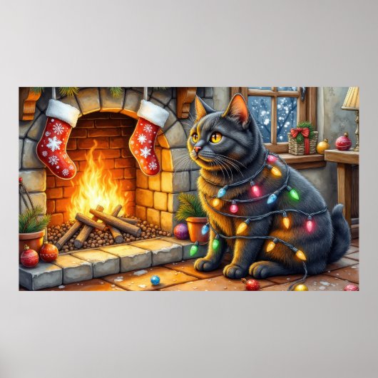 Zwarte Kat Zit Bij Open Haard met Kerstverlichting Poster (Voorkant)