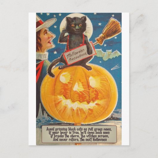 Zwarte kat zit op grote heldere pompoen, grappig briefkaart (Voorkant)