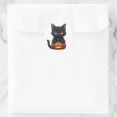 Zwarte Kat Zit op Pompoen Ronde Sticker (Tas)