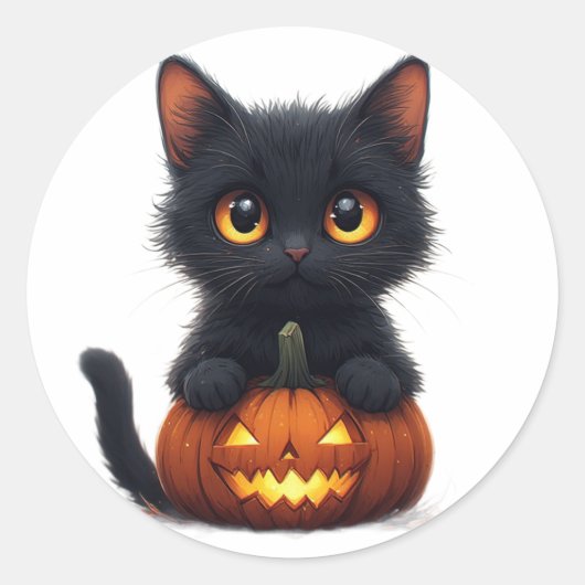 Zwarte Kat Zit op Pompoen Ronde Sticker (Voorkant)