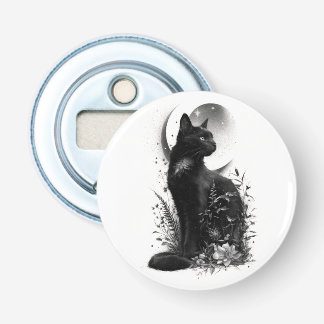 Zwarte Kat Zitgend Tussen Botanisch Lofwerk Button Flesopener