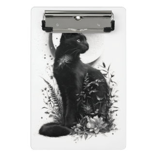 Zwarte Kat Zitgend Tussen Botanisch Lofwerk Mini Klembord