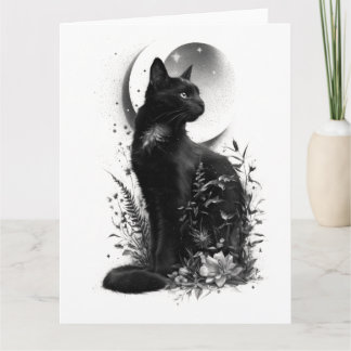 Zwarte Kat Zitgend Tussen Botanisch Loof Kaart