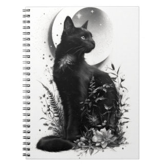 Zwarte Kat Zitgend Tussen Botanisch Loof Notitieboek
