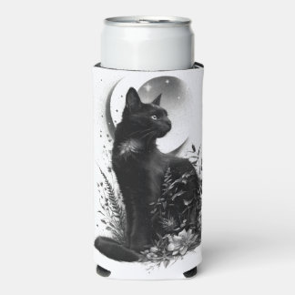 Zwarte Kat Zitgend Tussen Botanisch Loof Seltzer Blikjeskoeler